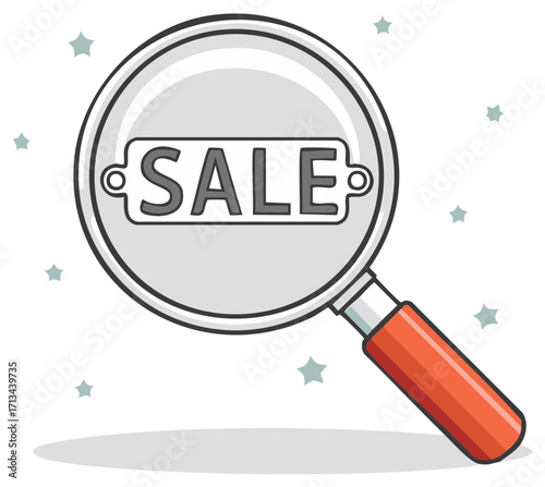 Magnifying glass examines a sale tag offering discounts, promotions, special deals.