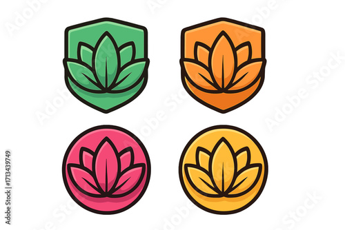 Lotus flower logo collection. Vector icon set for beauty, spa, yoga, or wellness brand. Natural floral symbol in shield and circle badge. Modern cosmetic or spiritual emblem.
