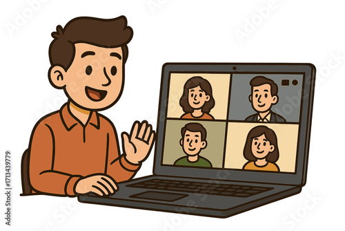Man in video conference call with team. Online meeting with colleagues on laptop screen. Remote work concept. Business communication technology. Cartoon vector illustration.
