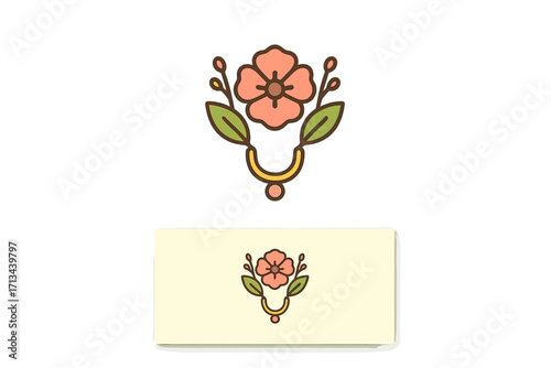 Minimal floral logo and business card template. Vector flower illustration for beauty branding. Elegant natural design set for company identity, spa, or cosmetic business.