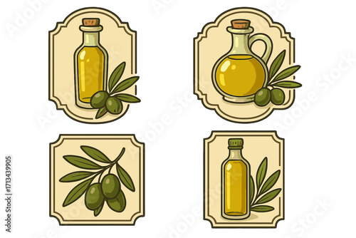 Olive oil label logo template set. Vector cartoon illustration pack. Extra virgin olive oil emblem. Green olives on a branch. Natural organic food product. Healthy cooking oil.