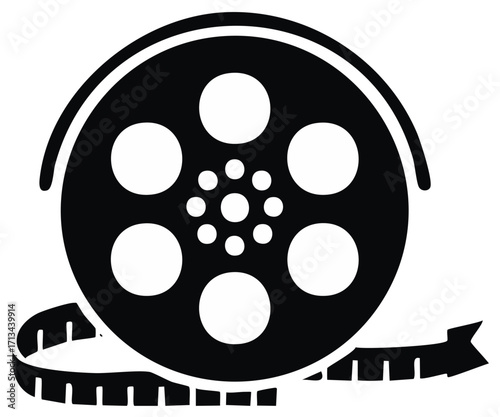 Classic film reel with movie strip graphic Black and white vector icon for cinema and video production
