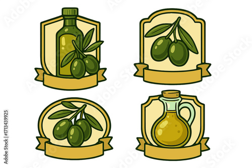 Olive oil label logo template set. Vector cartoon illustration collection for packaging design. Extra virgin olive oil emblem, badge with blank ribbon banner and olive branch.