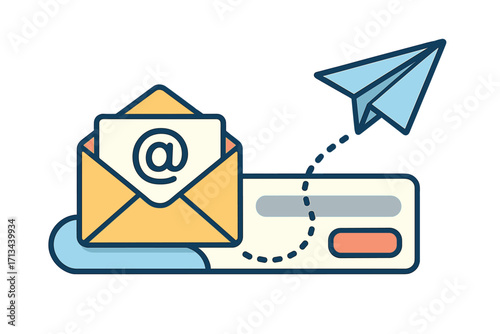 Email subscription to newsletter and marketing banner concept. Paper plane represents sending mail. Vector illustration for web communication, promotion, and a subscribe button.