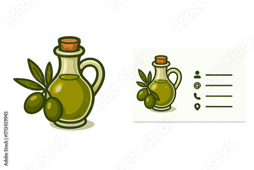 Organic olive oil logo and business card design. Vector cartoon illustration for natural food brand identity. Healthy product template with olive branch and bottle. Corporate set.