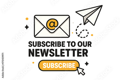 Paper plane email subscription to newsletter marketing banner. Vector illustration with subscribe button CTA. Sign up for mailing list, updates, and online business promotion.