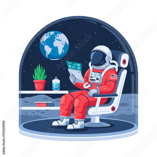 Astronaut reading tablet in space station with Earth view