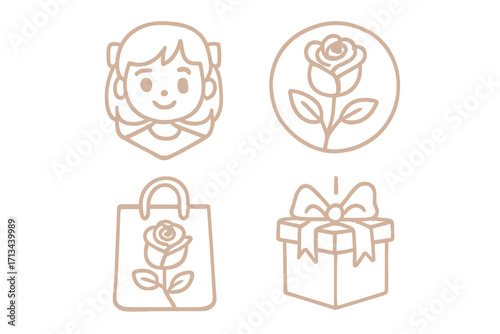 Elegant rose gold line art icon collection. Vector cartoon set with a girl, rose flower, shopping bag and gift. For beauty logo, present, birthday, or Mother's day.