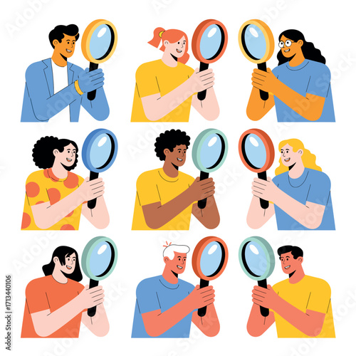 Diverse group of people holding magnifying glasses and looking closely