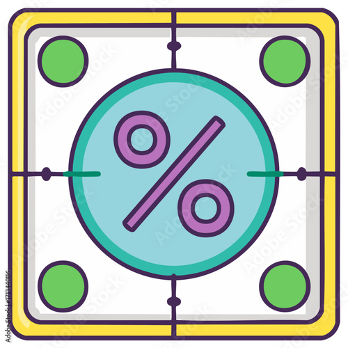 Percentage symbol on a colorful square frame with green dots promotion