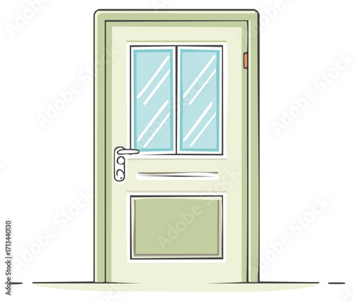 Illustration of a closed interior door with glass panels and a simple handle in a light color