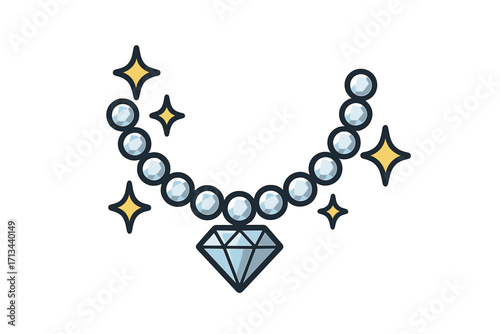 Shining diamond necklace with pearls. Vector cartoon illustration for a jewelry logo or icon. Luxury, glamour, and fashion concept. Precious gem and expensive treasure symbol.