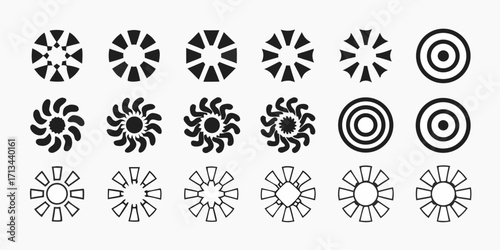 Collection of fifteen circular designs with varying internal patterns and black and white contrasting elements | editable eps vectors silhouette