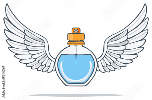 Flying Perfume Bottle with Angel Wings, Represents Fragrance Elegance and Aromatic Journey, White Background