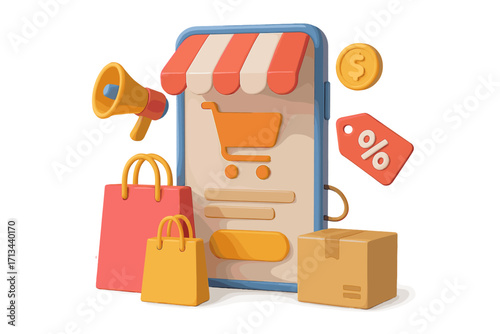 Online shopping 3d vector illustration. E-commerce concept for mobile app and web. Digital marketing and sale promotion with megaphone. Online store, order and delivery.