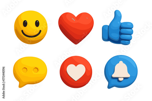 Social media 3D icon set. Like, heart, thumbs up, smiley face emoji, comment bubble, and notification bell symbols. Volumetric vector illustrations for user interface design.