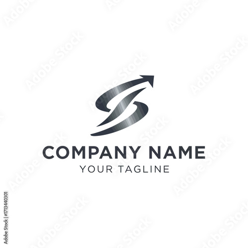 Abstract S letter logo with arrow pointing up, silver gradient.