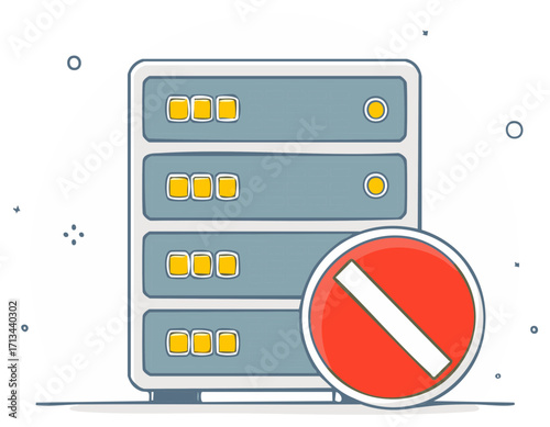 Computer server rack with a forbidden sign indicating access denial or data error