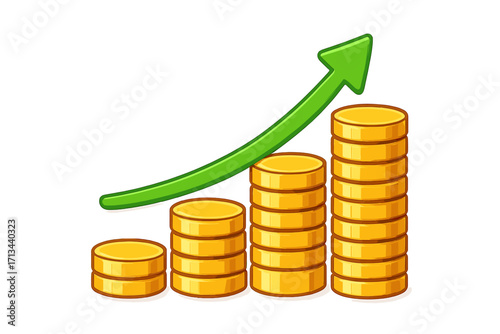 Stack of gold coins with financial growth arrow concept. Vector money graph. Investment, savings, and profit increase. Business success, revenue, and economy boost.