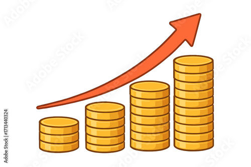 Financial growth concept with gold coin stacks and an upward arrow. Business investment profit and success chart. Revenue increase, savings, and salary growth cartoon.