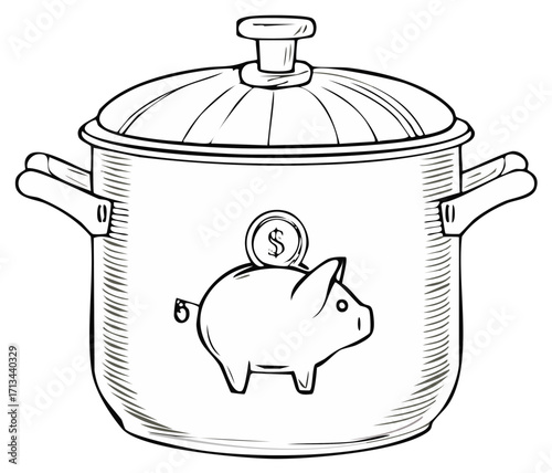 Piggy Bank With Dollar Coin Inside Cooking Pot Stylized Drawing