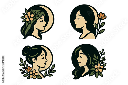 Woman face logo set with flowers moon. Feminine goddess profile for beauty salon, spa, cosmetics. Natural organic product icon. Serene girl head silhouette collection.