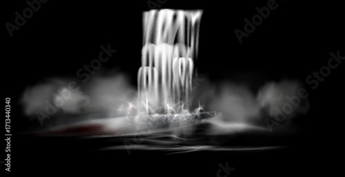 Waterfall cascade isolated on black background. Realistic natural waterfall with fog. Falling stream of clear liquid or water.