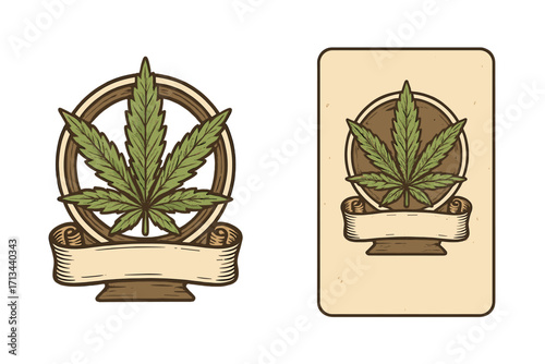 Vintage cannabis logo and business card template set. Retro marijuana leaf emblem with a blank ribbon for text. Hand-drawn vector illustration for branding and identity.
