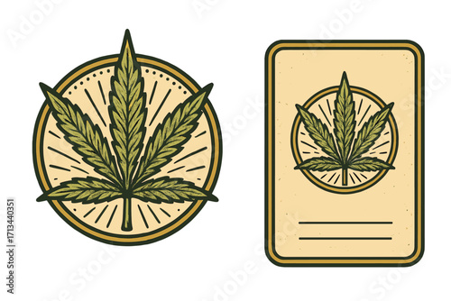 Vintage cannabis logo with business card template. Retro marijuana leaf illustration for branding. Vector icon set for dispensary, medical CBD product, or hemp company identity.