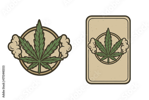 Vintage cannabis logo and business card design set. Retro marijuana leaf emblem with smoke clouds for branding. Vector illustration for dispensary or medical hemp company.