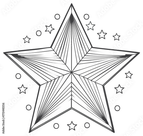 Star coloring page with geometric line art patterns and decorative celestial shapes