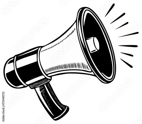 Monochrome megaphone illustration with radiating sound lines symbolizing urgent public announcement