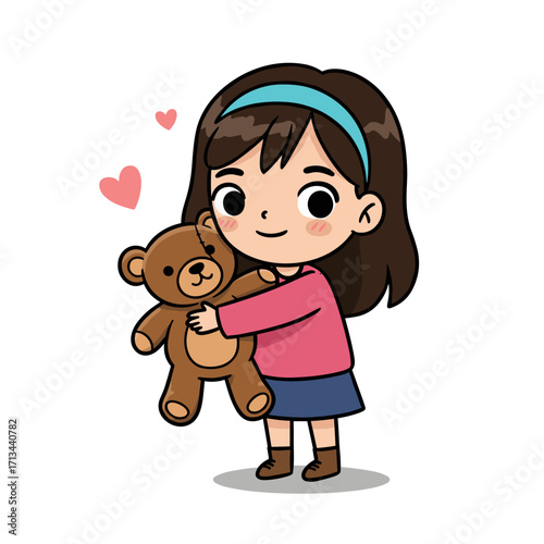 A smiling child with a blue headband hugs a brown teddy bear, blushing with joy as pink hearts float nearby—set against a clean white background that highlights the warmth and innocence of the moment.