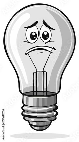 Cartoon light bulb with sad expression, representing disappointment, frustration, or bad ideas.