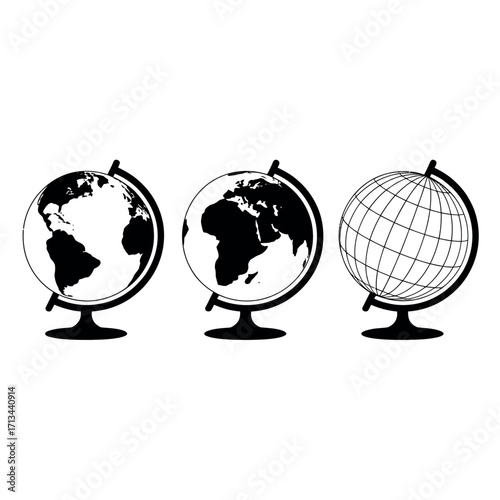Three globes in silhouette showing different continents and styles