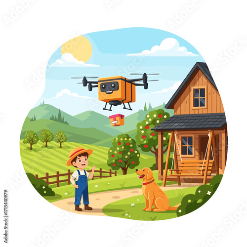 Farm drone delivery with boy and dog
