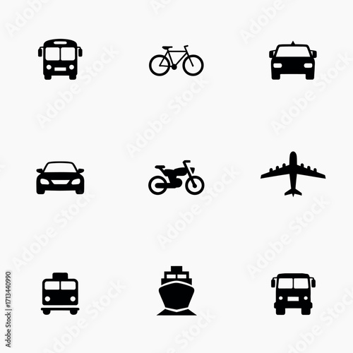 Collection of diverse transportation icons on a white background
