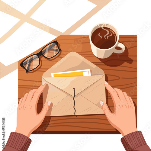 Person opening a letter on wooden desk