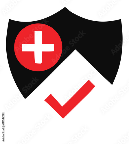 Swiss cross plus symbol within shield emblem for medical services health care and safety approval checkmark verified