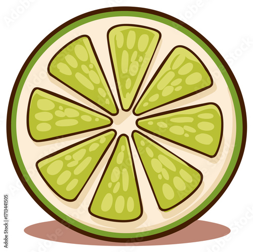 Vibrant cartoon lime slice illustration with juicy segments, healthy eating and summer design