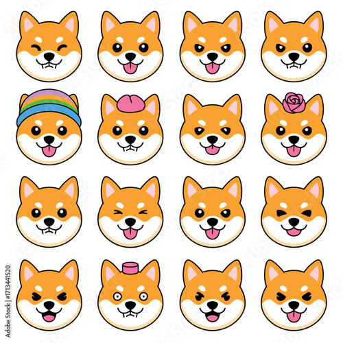 Collection of cute shiba inu dog faces with various expressions and accessories