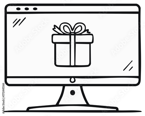 Computer screen displays a wrapped gift box with a bow, symbolizing online shopping or digital gifts.