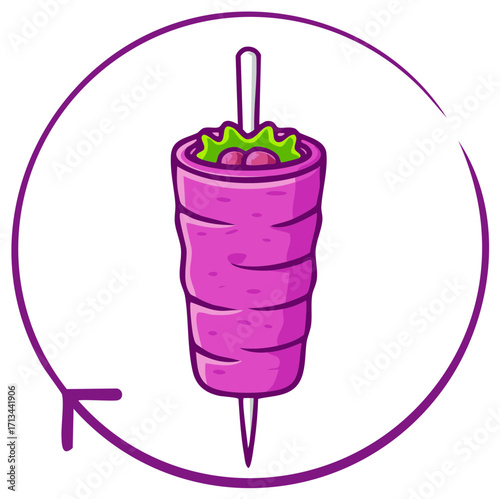 Cartoon Kebab Icon: Tasty Meat Wrap on Skewer with Fresh Salad in Circular Frame Design