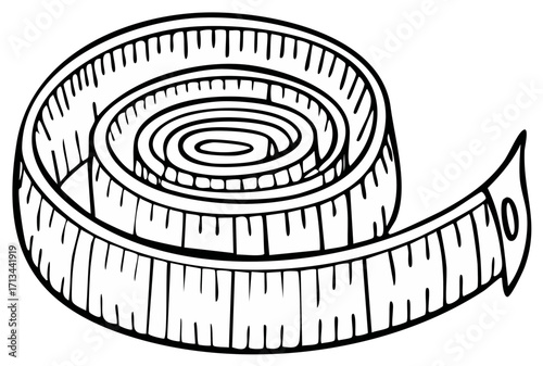 Tailor measuring tape coiled in a spiral with visible markings and measurements