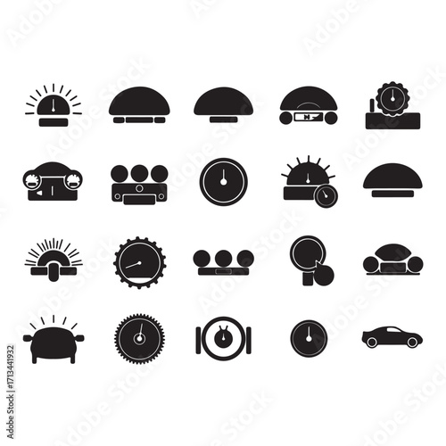 Collection of Car Dashboard Instruments and Controls Silhouette Icons for Automotive Design and Vector Graphics