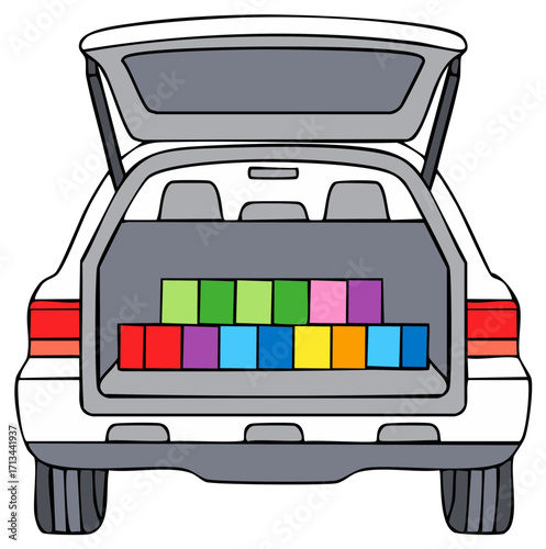 Open car trunk carrying colorful cube boxes and suitcases in rainbow colors, vector illustration of the automobile's back