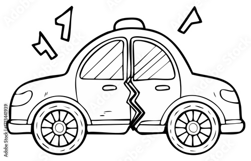 Cartoon illustration of a car split in half with comic book style impact lines