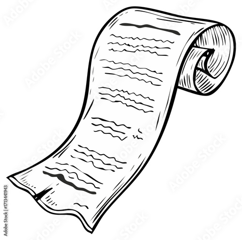 Scroll of paper with handwritten text, vintage design, black and white