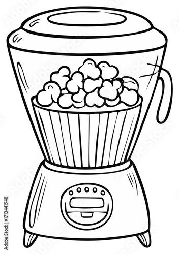 Outline illustration of a popcorn machine filled with fluffy kernels, ready for movie night snacks