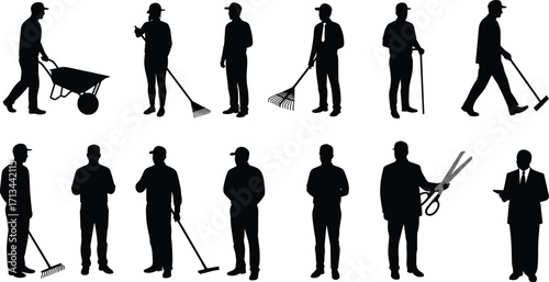 Silhouettes of workers, diverse professions, manual labor, office staff, gardening tools, teamwork, construction, business communication, outdoor activity, occupational illustration, vector design